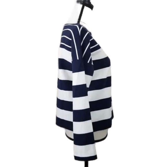 Nautical Stripes Long Sleeve J Crew Boat Neck Top Navy Blue White Striped - Picture 13 of 16